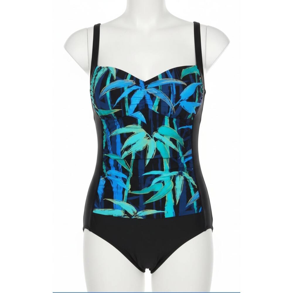 Azul Swimsuit Size 8 Black Tropical Blue Green Minimizer Tummy Control Wireless